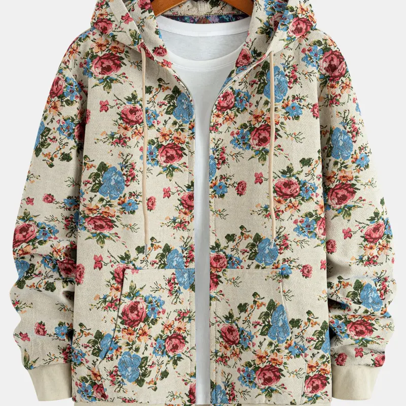 Men's Hooded Zipper Jacket Coat, Woven Chunky Yarn Jacquard Knit Sleeves, Plant Floral, Pockets, Casual Sportswear, Casual Fashionable Outerwear, Knitted Fall Winter Outerwear, Casual Loose-Fit Sweatshirt, Floral Print Hoodie