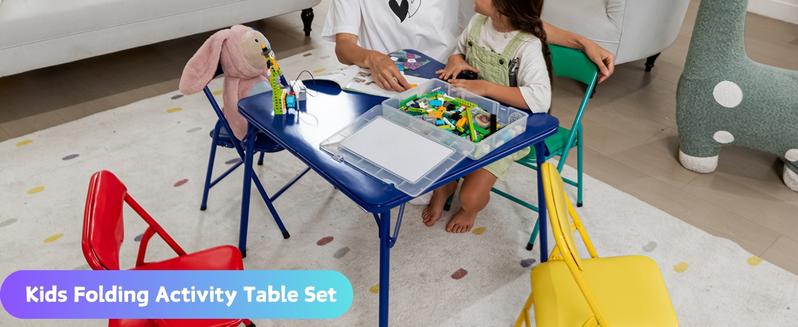Homy Casa Page Foldable Kids Table and Chairs Set 5-Piece - Blue Table & Colorful Chairs for Arts Crafts Snacks Learning Daycare Preschool Furniture Easy Clean TikTok Popular Dining Wood
