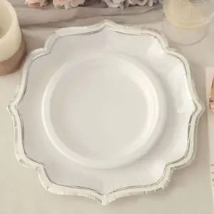 25-Pack Paper Dinner Plates 10" White with Silver Scallop Rim - 300GSM Disposable Party Plates