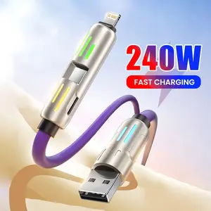240w Four-In-One USB-C Cable PD 5a Fast Charging, Includes USB a Type C Lightning, Breathing Light Aluminum Design, 4ft Silicone Cable