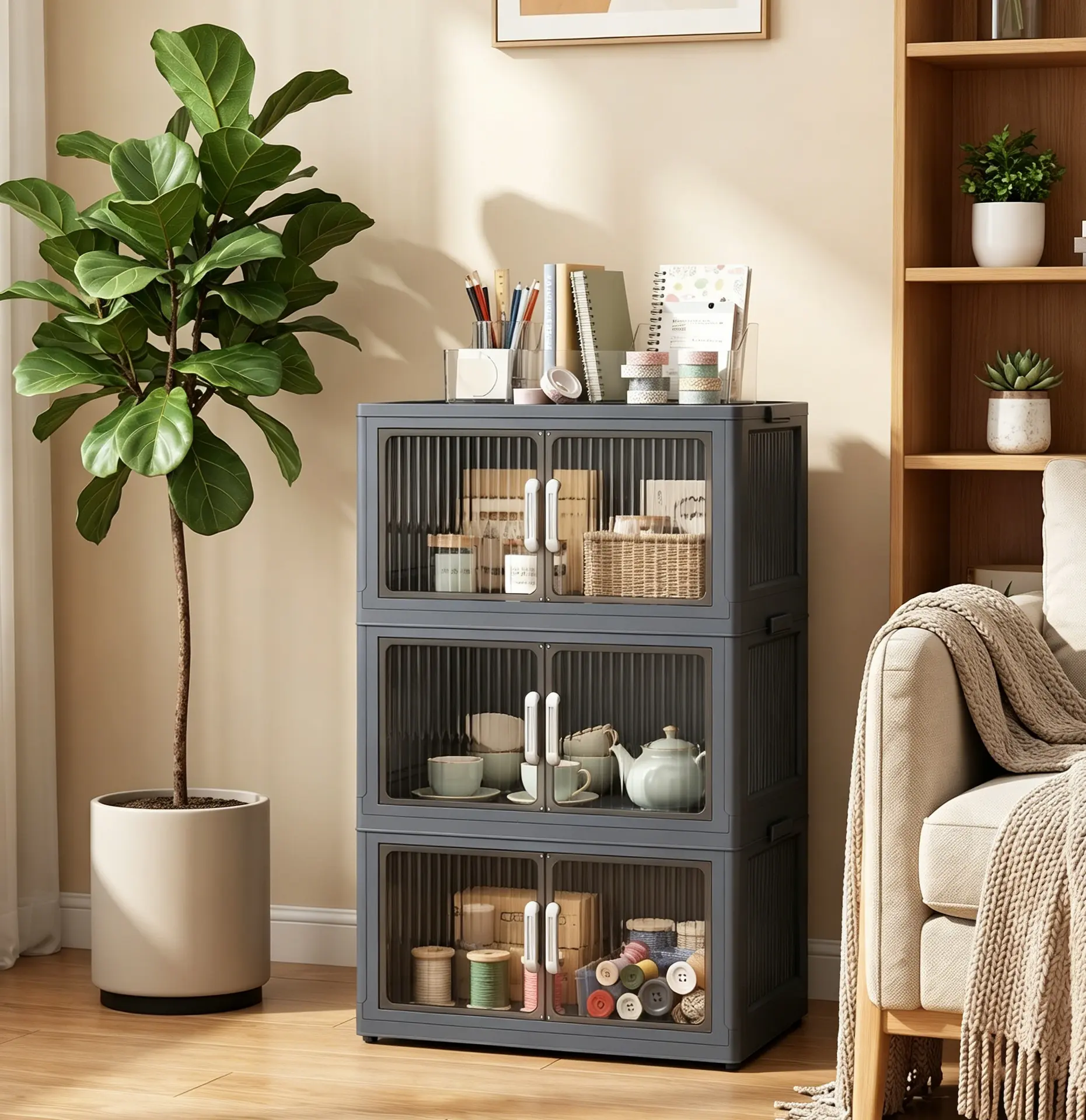Foldable stackable plastic storage cabinet with rolling casters double transparent door organizer for bedroom kitchen bathroom