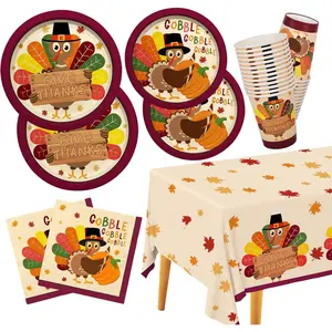 Turkey Thanksgiving Party Supplies Set Autumn Disposable Tableware Set includes: paper dinner plates, dessert plates, napkins, cups, and tablecloth. Ideal for autumn party decorations, serves 25 guests.