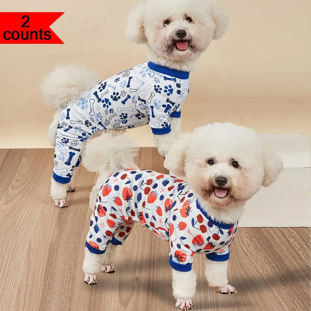 Cute Print Pet Pajamas, 2 Counts Soft and Stretchy Puppy Dog Clothes, Pet Sleepwear for Small and Medium Boys Dogs and Girls Dogs