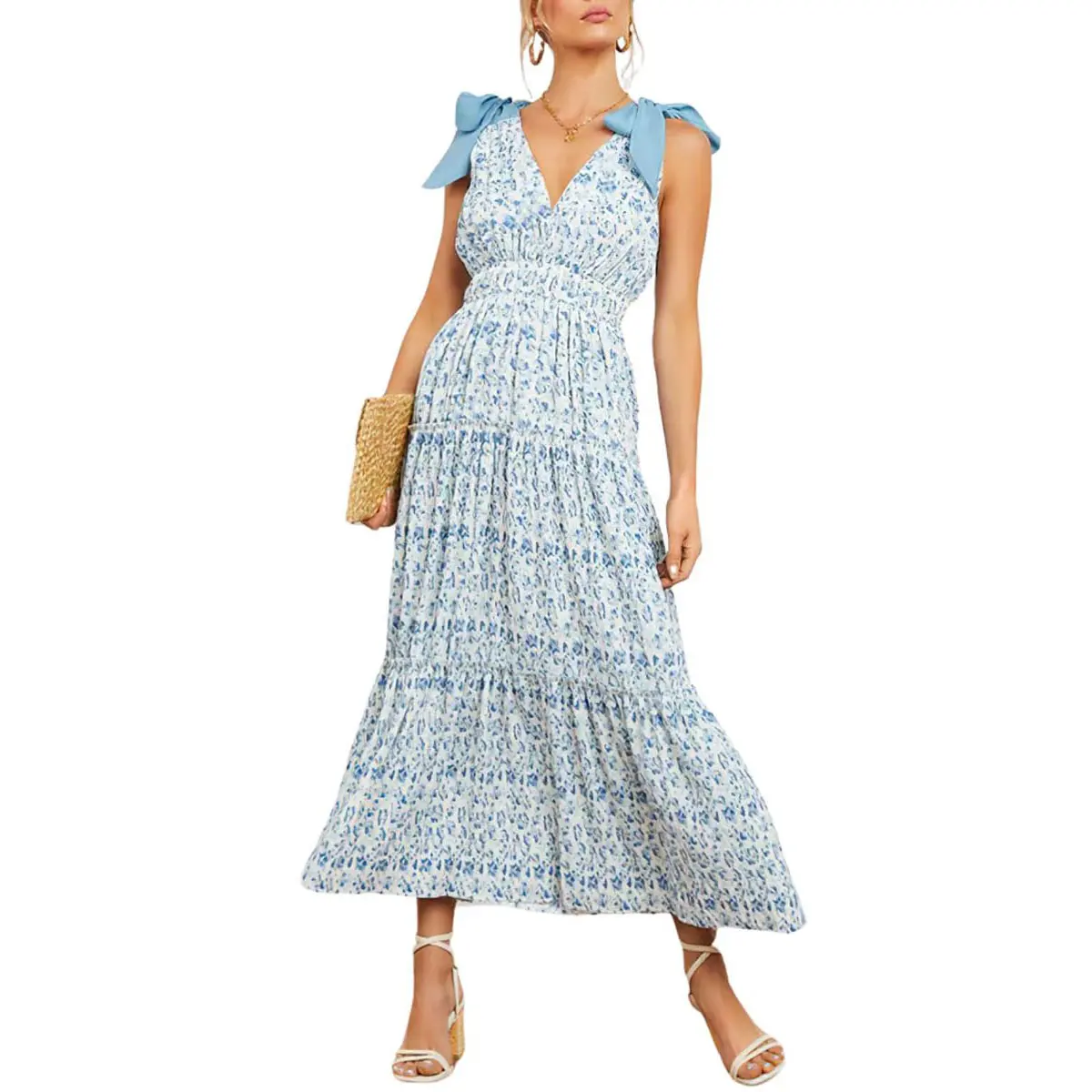 CHOUYATOU Women's Sleeveless Floral Maxi Dress, Bohemian V-Neck Backless Swing Sundress with Elastic Waist and Tie-Knot Straps, Breathable Fabric, Casual Wear, Flared, Printed, Soft, Tiered, Below The Knee, Cute, Daily, Do Not Bleach, Holiday
