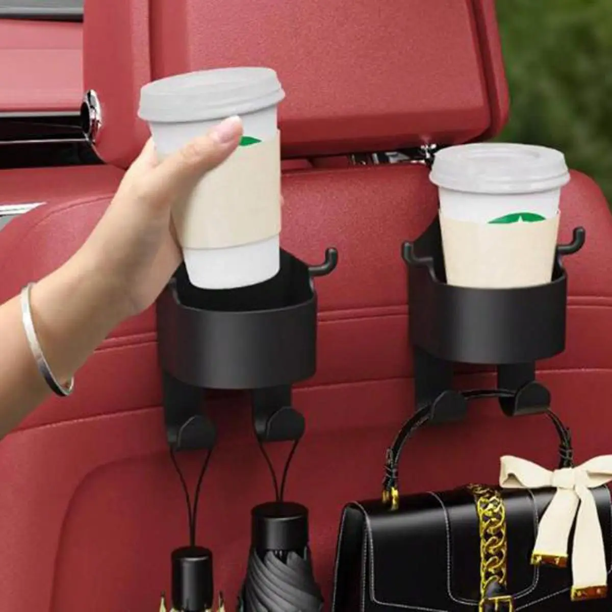 Multifunctional Holder & Hook for Car Seat Back, 2 Counts Car Seat Headrest Cup Holder with Hooks, Car Back Hanging Cup Storage Mount, Car Seat Back O