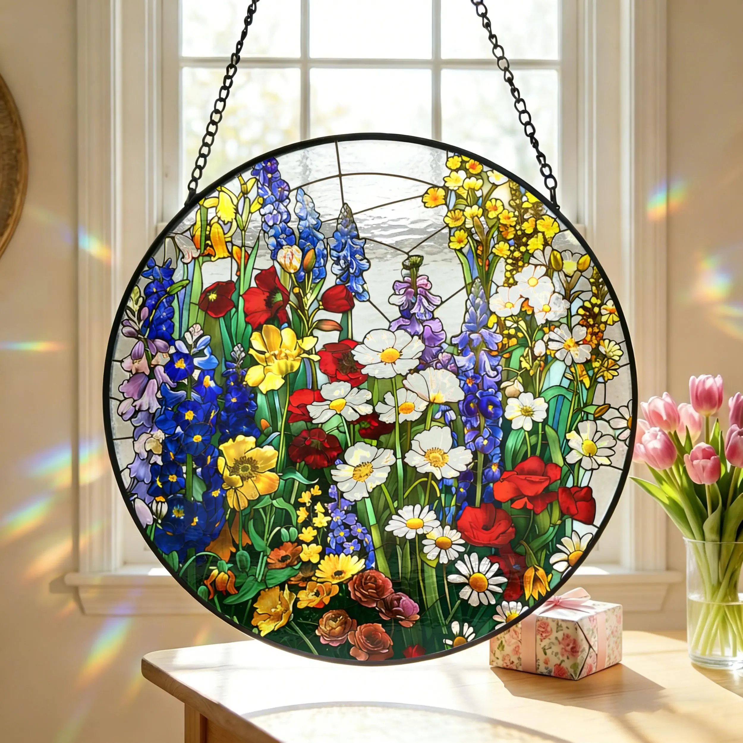 [Made in US] Stained Glass Floral Meadow Suncatcher: Rainbow Mom/Grandma Garden Window Art Gift For Her