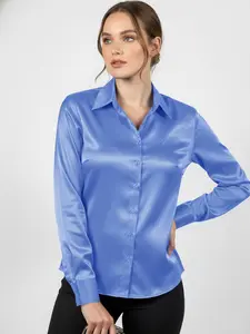 Women's Plain Satin Shirt Elegant Long Sleeve Button Down Top for Work Office Business Party Classic Ladies Clothes for All Seasons Soft Shiny Comfortable Regular Fit