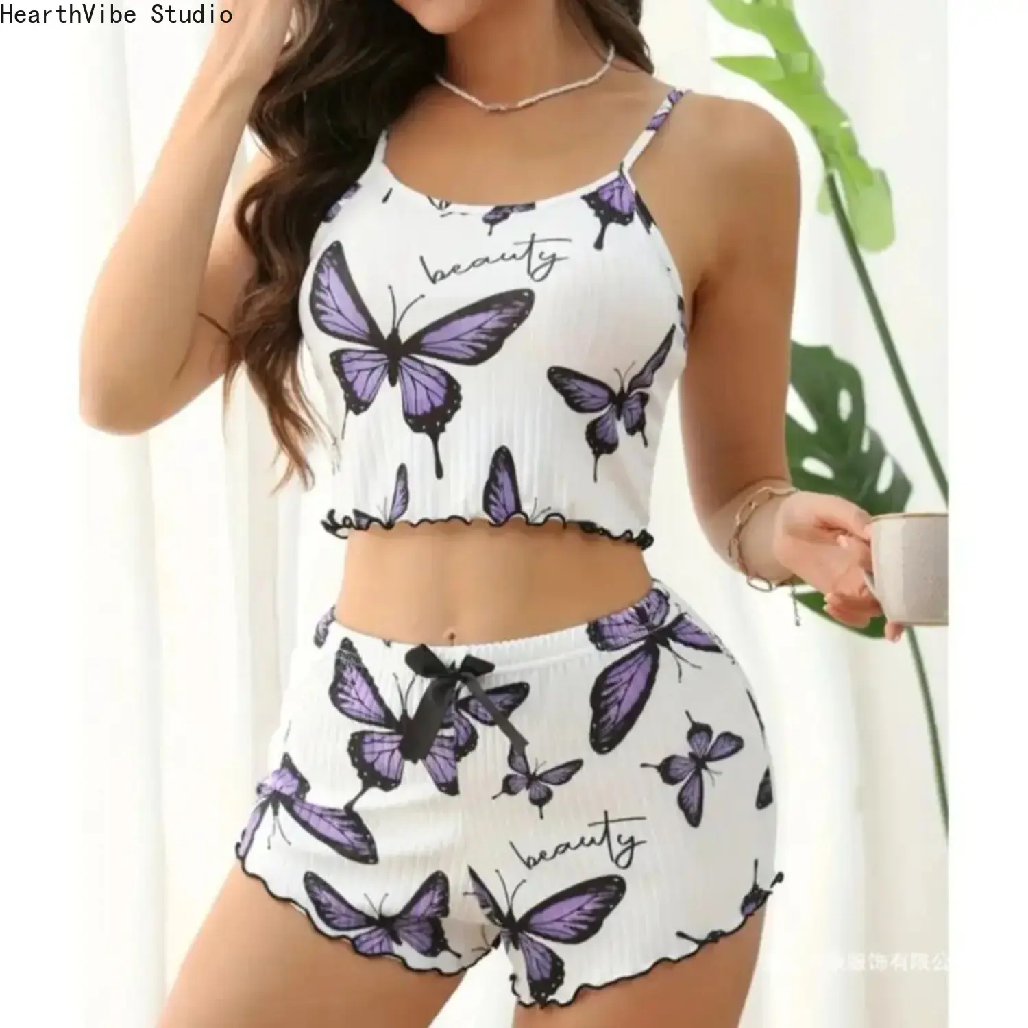 Female 2-Piece Soft Nylon Pajama Set - White and Blue Butterfly Print Loungewear Clothes, Adjustable Strap Cami with Attached Straps and Shorts Sleepwear, Lady, Two-Piece Set