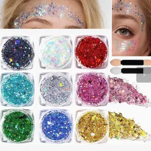 9 Color Flashing Laser Big Glitter Stage Makeup Face Sparkle Self-Adhesive Gel Sequins, Party Costume Accessories, Easy Apply