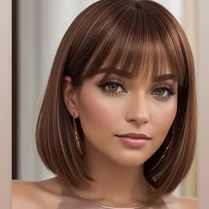 12-inch Light Brown Bob Wig with Bangs for Women - Suitable for Daily Wear and Party Cosplay, Straight Hair Design, High-Temperature Fiber Material, Includes a Rose Net Cap.