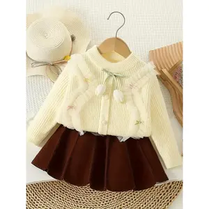 NewGirls' Knitted Outerwear Set 2025 Fall New Stylish Baby Girl Contrast Lace Flower Sweater Fake Cardigan Top + Knit Tiered Skirt, Girls' Suit with Jumper and Hem Dress.Decorated by tulip flowers & contrast lace/bows, high elasticity for 2-8Y little girl