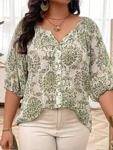 Plus Size Ethnic Pattern Curved Hem Top Casual Boho Soft Casual Short Sleeve Top for Summer, Women's Plus Clothing for Daily Wear