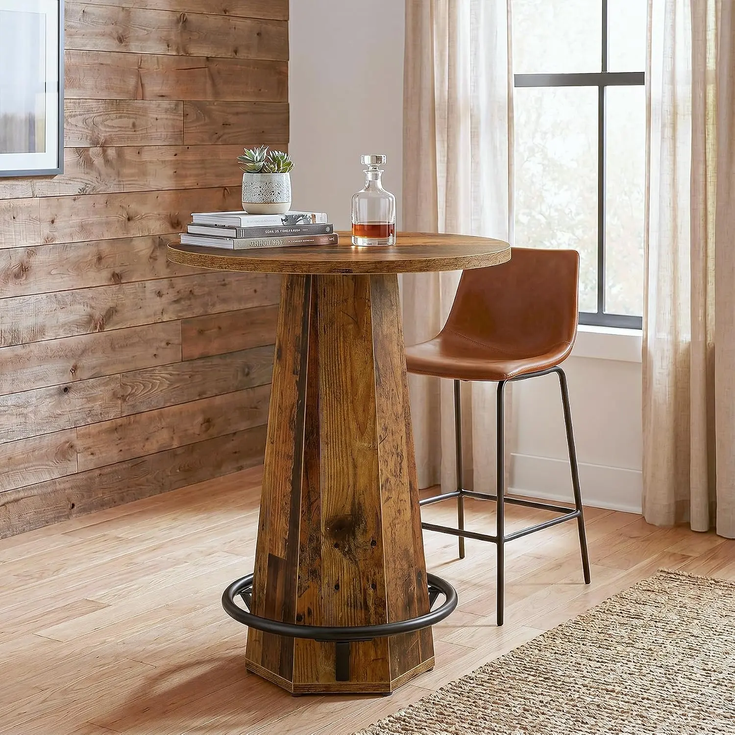 Tribesigns Round Bar Table for 2 Person, 39.4" H Industrial Commercial Counter Height Pub Table with Metal Footrest for Bistro, Dining Room, Restaurant, Cafe, Pub, Balcony, Small Space, Vintage Brown