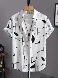 Men's casual and fashionable short sleeved Button Down Shirt, summer minimalist style, white background, black and white abstract geometric color block line printing, mesh fabric, comfortable and breathable, versatile trendy top for vacation beach dating