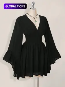 Women's Gothic Style Solid V Neck Waist Cinched Fitted Dress, Elegant Long Sleeve Mini Dress, Autumn/winter Lantern Sleeve Dress, Womenswear