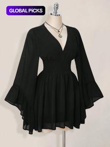 Women's Gothic Style V Neck Waist Cinched Dress, Elegant Long Sleeve Mini Dress, Autumn/winter Lantern Sleeve Dress