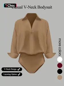 Women's casual loose V-neck long-sleeved shirt jumpsuit, elegant lightweight woven fabric, slim fit, fitted, suitable for all seasons, and can be layered flexibly.