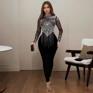 Women s long-sleeved evening dress with rhinestones embellished waist cinching slimming mesh top jumpsuit high control