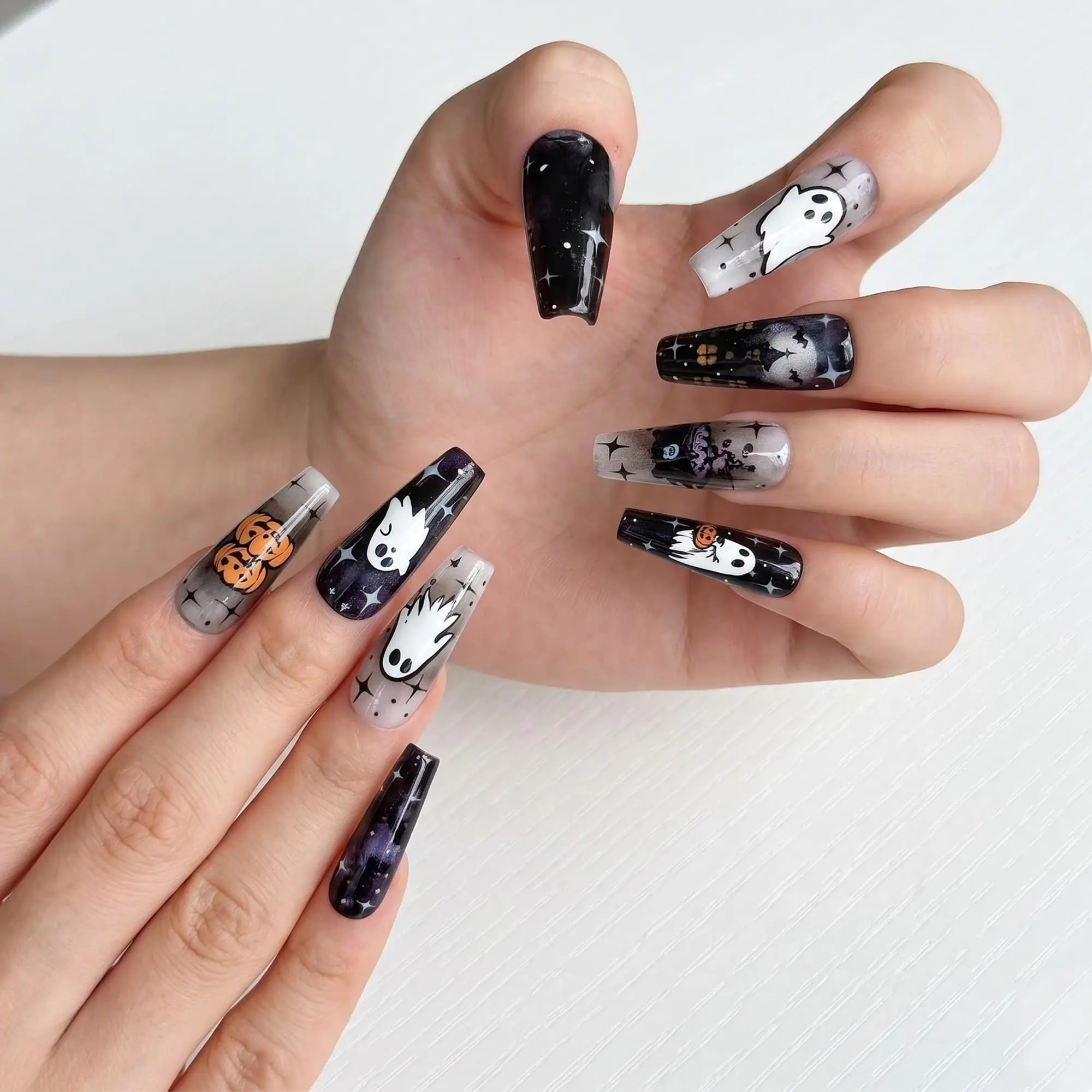 Halloween Press On Nails with Ghost & Pumpkin Design | Spooky Black White Fake Nails | Handmade Nail Art for Halloween Party