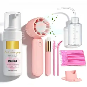 【Mother's Day】60ML Lash Shampoo Kit for Eyelash Extensions & Gentle Mousse Cleanser & Mini Pink Handheld Fan - Easy for Beginners & Makeup Care
