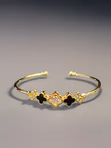 Black Enamel and Clear Stone Gold Clover Bracelet – Gold Filled Adjustable Tarnish Resistant Bangle