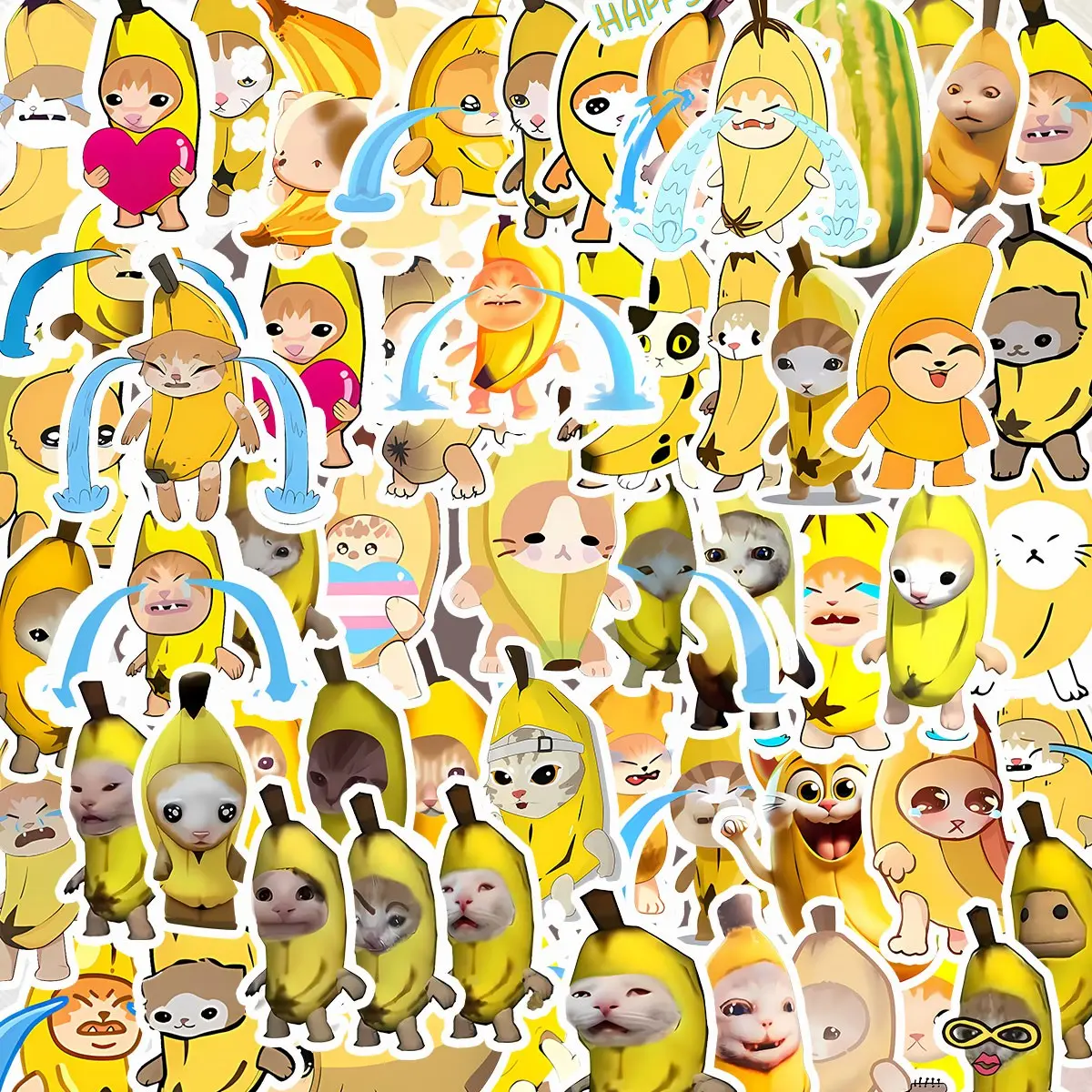 60Pcs Banana Cat Stickers Pack, Waterproof Cute Meme Cat & Happy Banana Cat Vinyl Decals for Laptop, Water Bottle, Phone Case & Skateboard, Kids & Teens Gift