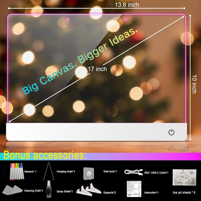 17” Rechargeable LED Drawing Board with 11 Light Modes, Light-Up Acrylic Message Board & DIY Night Light, Includes 8 Line Art Sheets, Stand & Hanging Chain, Neon Dry Erase Board for Kids, Dorm, Office & Store Display