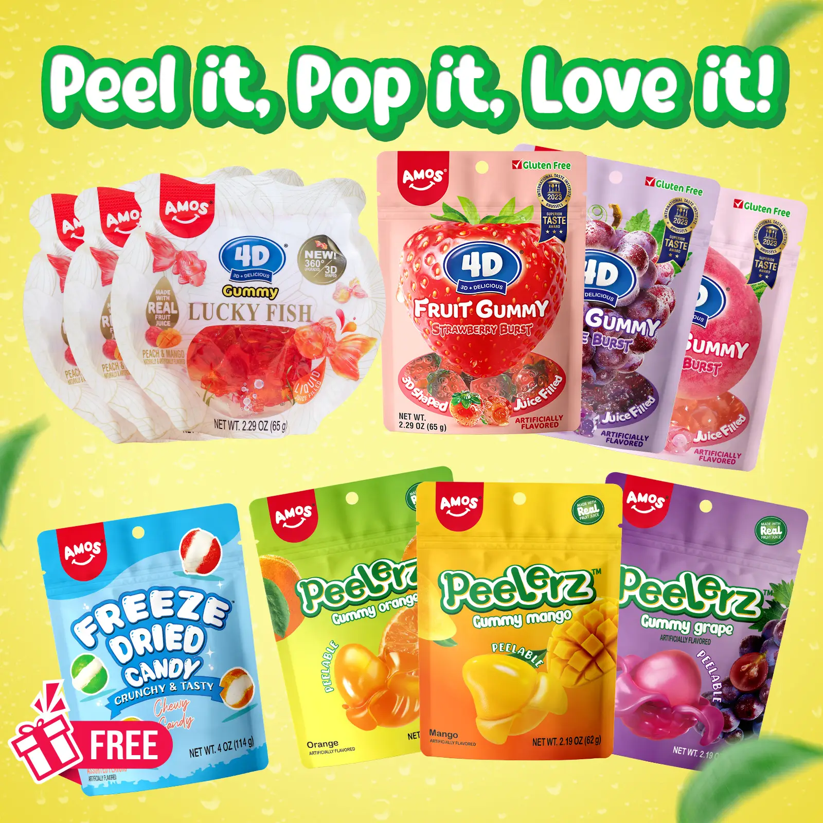 Amos Peelerz & 4D Gummy Combo Pack – 10 Fan-Favorite Flavors + FREE Freeze-Dried Candy | Peel It, Pop It, Love It! | Limited Edition Variety Gift Pack