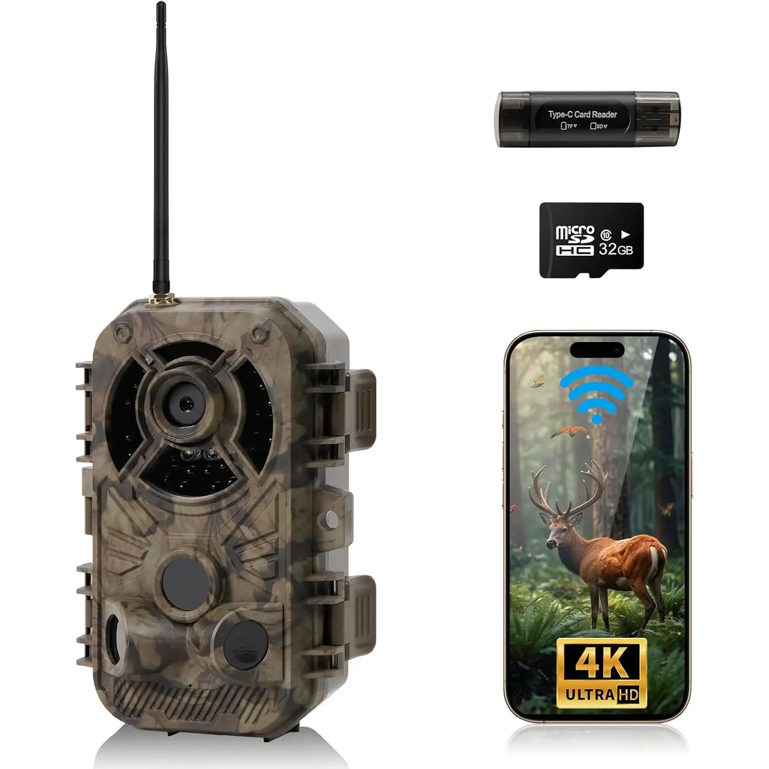 Trail Camera WiFi 4K 64MP with Night Vision IP66 Waterproof 0.1s Trigger Speed and Bundled with 32GB Memory Card, Card Reader. Game Cam for Wildlife Monitoring, Hunting, and Outdoor Security