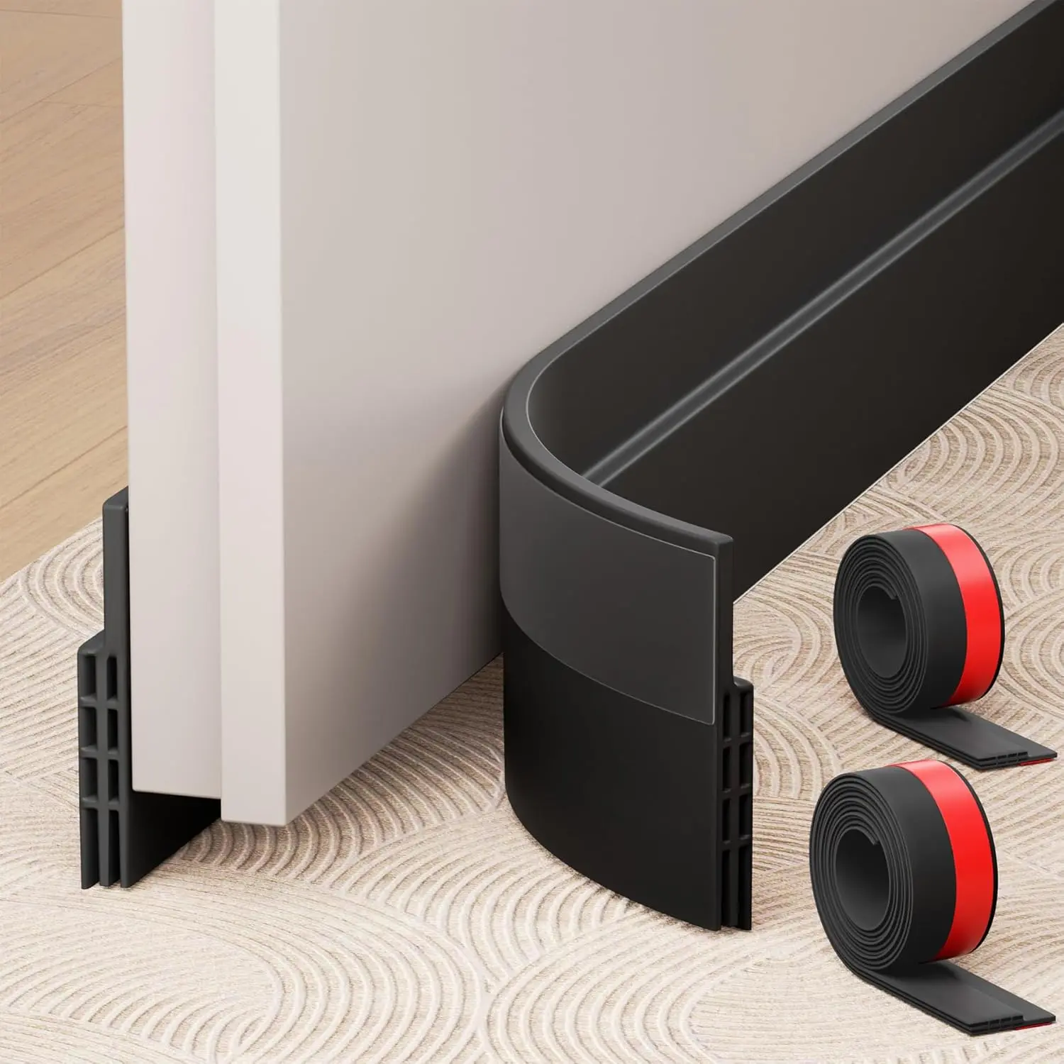 Hojoy 2 Pack Under Door Draft Stopper, Adjustable Door Sweep Anti-Collision Strong Adhesive Weather Stripping Tape Soundproof Draught Stoppers 2" W x 39" L, Black