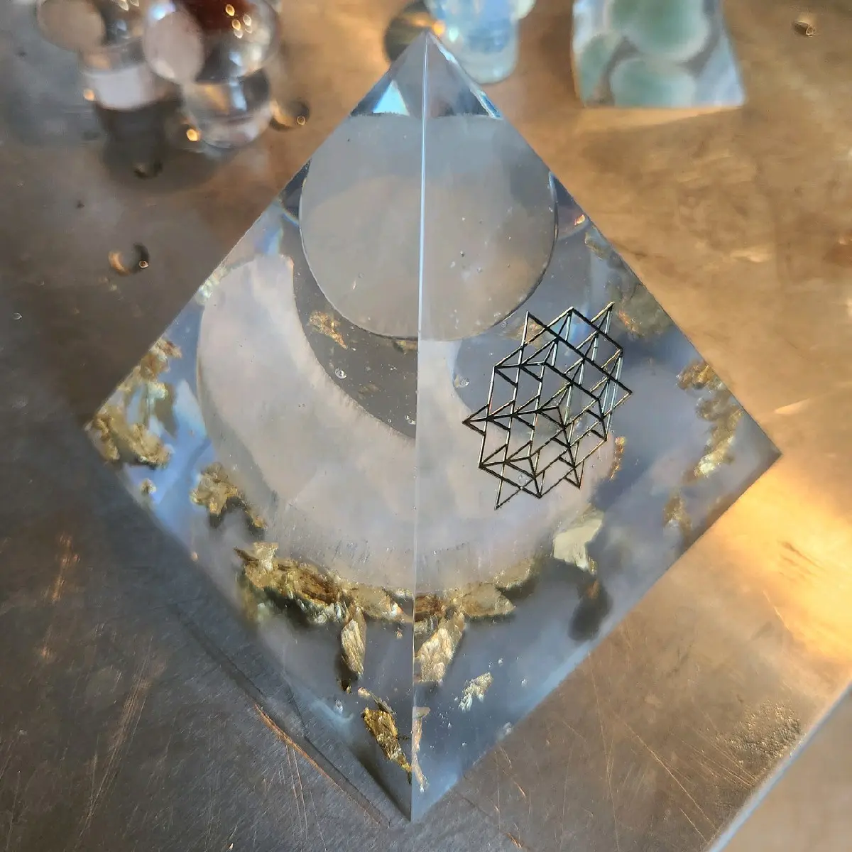 Selenite Cleansing Pyramid with Cresent Moon and Sphere