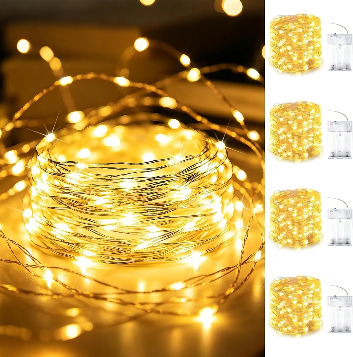4 Pack LED Fairy Lights Battery Operated 20FT 60 LEDs Silver Wire String Lights Twinkle Lights Starry Fairy Lights for Bedroom Christmas Wedding Party Indoor Outdoor Decorations, Warm White