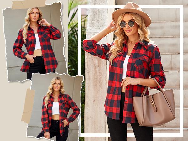 ZEAGOO Womens Flannel Shirts Long/Roll Up Sleeve Collared Button Down Plaid Shirt Casual Work Tops ZEAGOO Womens Flannel Shirts Long/Roll Up Sleeve Collared Button Down Plaid Shirt Casual Work Tops