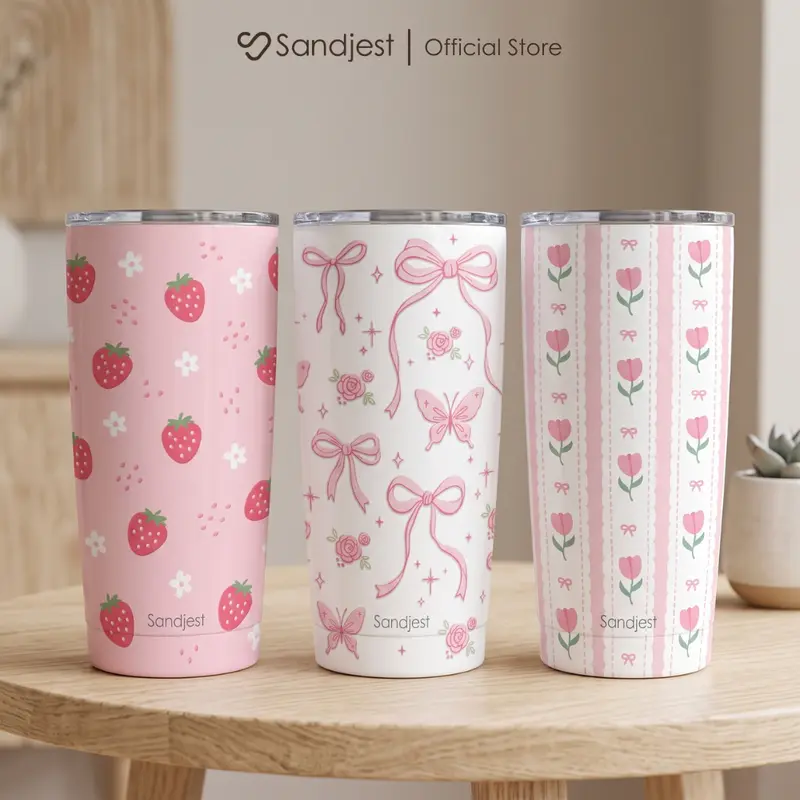 SANDJEST 20oz Aesthetic Insulated Stainless Steel Coffee Tumbler with Lid, Portable Double Wall Reusable, Cup Holder Friendly, Travel-to-Office Use, Iced or Hot Ready, Gift for Her Birthday Christmas Cozy Fall #falldealsforyou