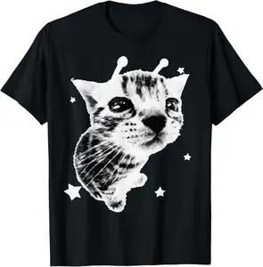 100% Cotton Y2K Alien Cat Meme Retro Silly Cat Vintage Kitty Funny Shirt T-Shirt