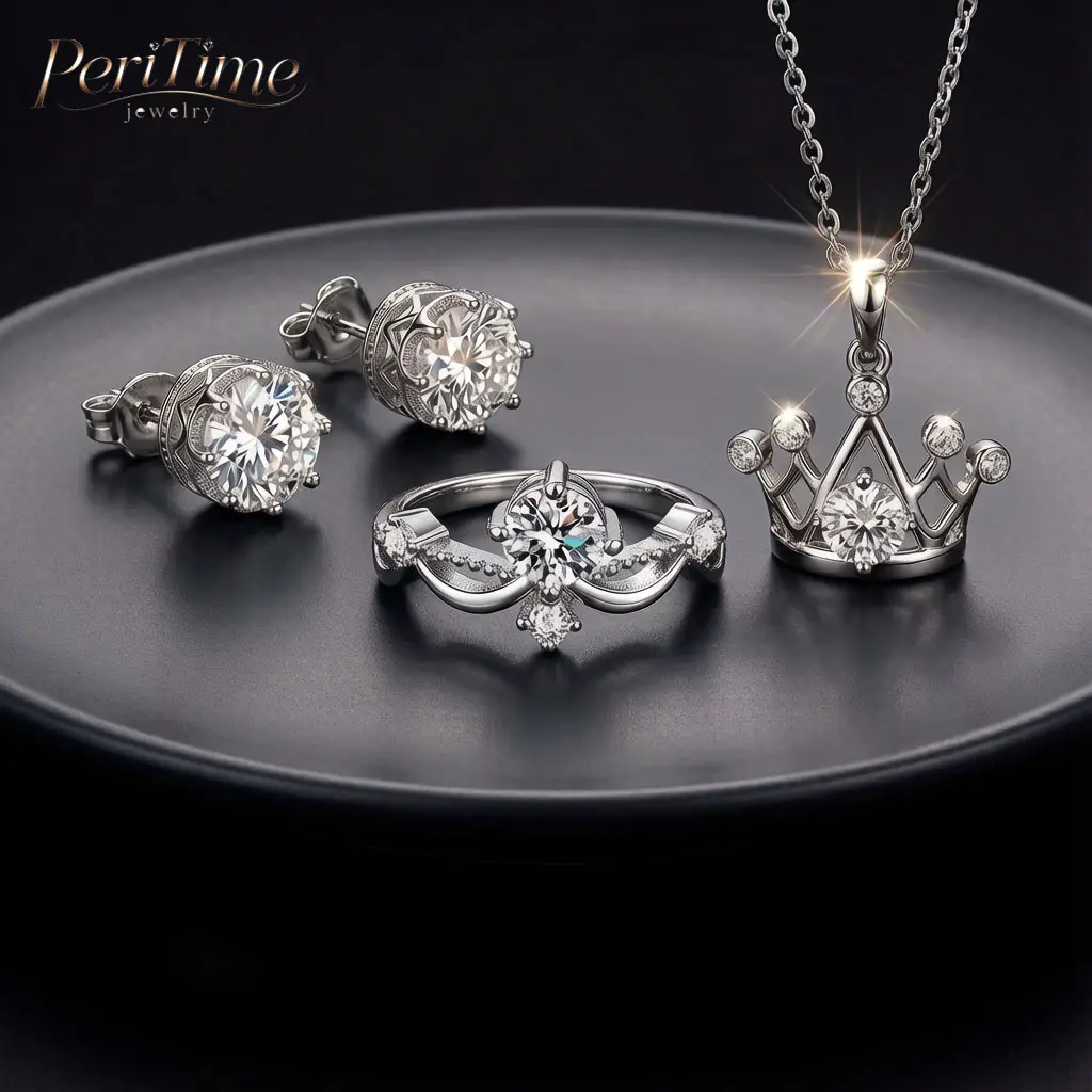 Women's 925 Sterling Silver Crown & Zircon 3-Piece Jewelry Set – Includes Sparkling Pendant Necklace, Adjustable Ring, and Crystal Stud Earrings; A Romantic Birthday or Anniversary Gift – Stylish, Versatile, and Exquisite Accessories for Women