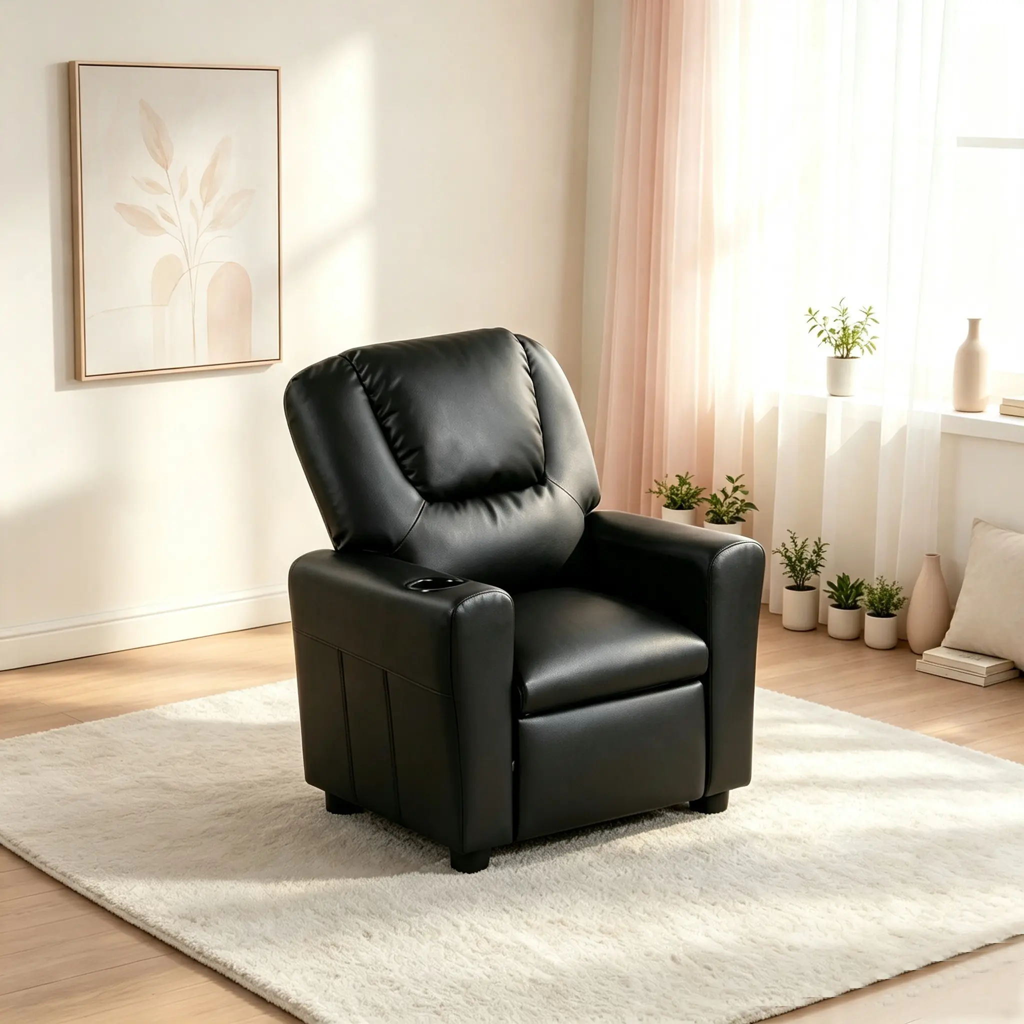 Marisa 23" Black PU Leather Kids Recliner Chair with Cupholder