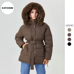 KatchMe Women's Versatile Solid Color Fluffy Hooded Zip-Up Belt Decor Cotton Coat, Cozy Outerwear Jacket for Fall & Winter, Classy Mid-Length Outfit