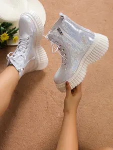 Stylish Thick-Soled Short Boots in Shiny Silver Color, Minimalist Boots for Daily Wear and Riding, Trendy Motorcycle Lace-Up Shoes