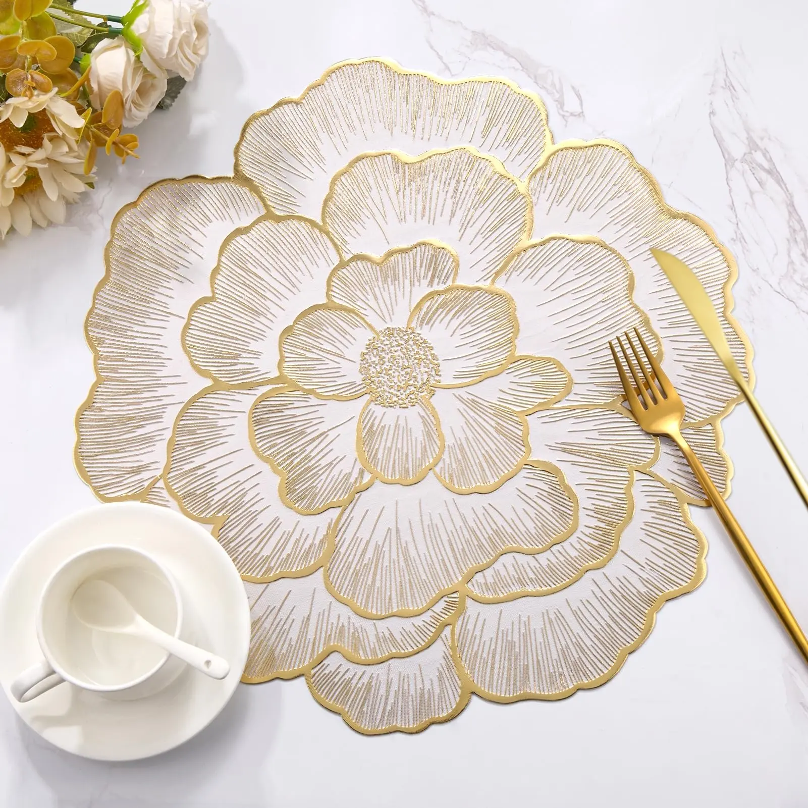 4PCS 15 Inch Round Floral Placemats with Knife and Fork, Gold Rose-Shaped Placemats Metallic Place Mats Waterproof Non-Slip Kitchen Table Mats for Home Dining Wedding Party