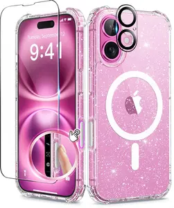 for  16 Case, [Compatible with Magsafe], with Screen Protector + Camera Lens Protector, [Non-Yellowing] Clear Sparkly Shockproof Hard Phone Case for Women 6.1", Shiny Clear