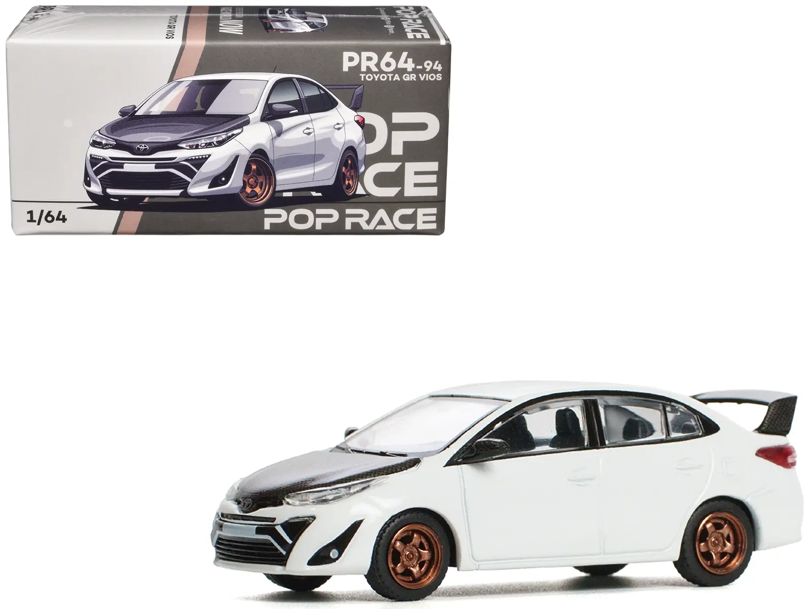 Toyota GR Vios White with Carbon Hood 1/64 Die-Cast Model Car by Pop Race