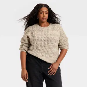 Women's Openwork Slub Crewneck Pullover Sweater - Universal Thread Brown Striped 3X
