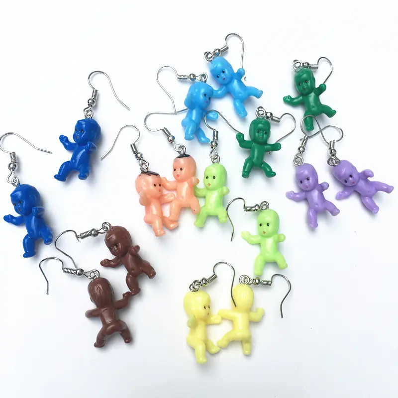 Miniature Plastic Baby Dangle Earrings for Women, Quirky Weirdcore Colorful King Cake Baby Drop Earrings, Funny Novelty Costume Jewelry, Clip on Available