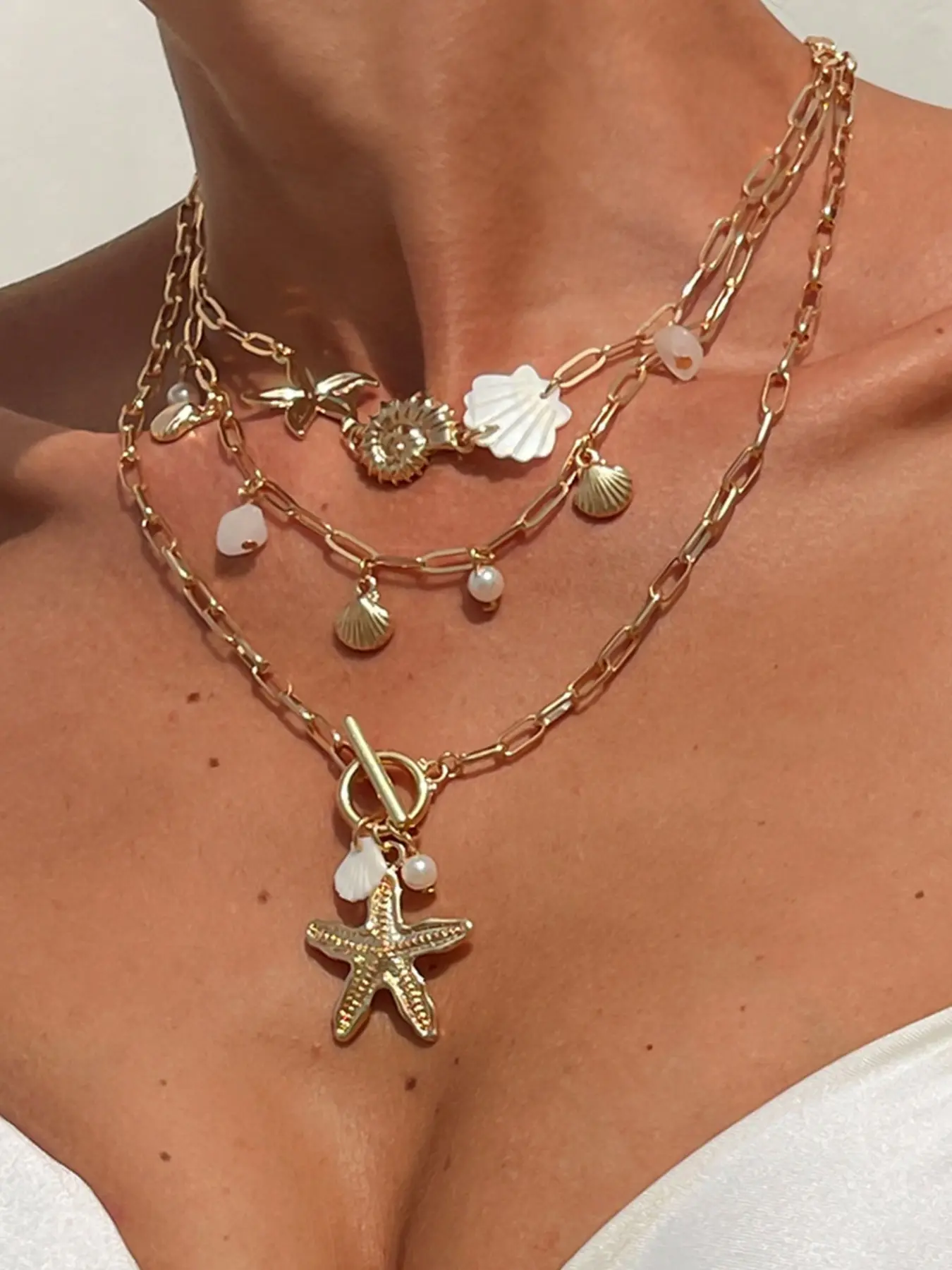 3 Piece Ocean Theme Layered Necklace Set, Shell Pearl Pendant Choker, Casual All-Season Jewelry for Beach Vacations