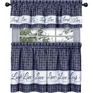 GoodGram Country Gingham Check Live~Laugh~Love 3 Pc. Café Plaid Kitchen Curtain Set - Assorted Colors & Sizes (Navy, 24 in. L)