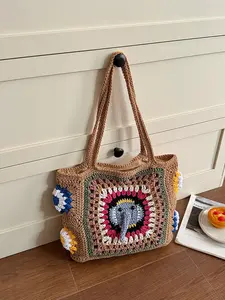 1pc Ladies' crochet elephant pattern tote bag, Bohemian vacation style, suitable for beach travel, daily leisure travel, and vacation occasions