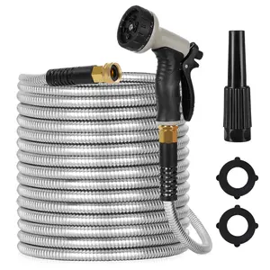 Stainless Steel Metal Garden Hose — Kink Free, 10-Pattern Spray Nozzle, 2 Nozzles | 50FT & 100FT