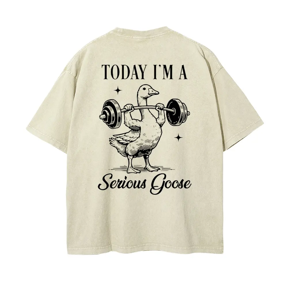 Men's Oversized Round Neck "Today I'm a Serious Goose" Graphic Shortsleeve Tshirt - Washed Batik Cotton, Retro Clothes, Vintage Casual Stretch Pre-Shrunk Super Soft Fabric, S-5XL Unisex Streetwear Top