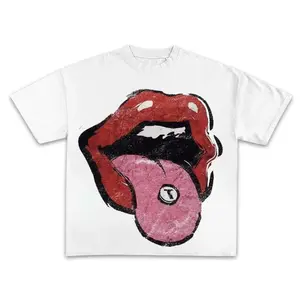 Mouth Letter Graphic Print Cotton Casual T-shirt Men Y2K Summer Short Sleeves Vintage Oversize Tshirt Streetwear Women Tops